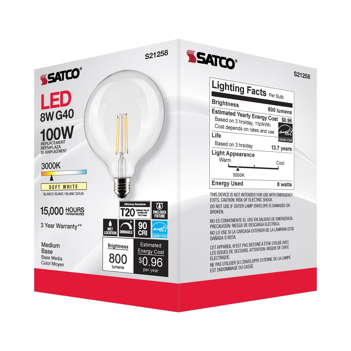 G40 Filament LED Globe Bulb, 8 Watts, 800 Lumens, 100W Equal, 3000K, E26 Medium Base, Clear