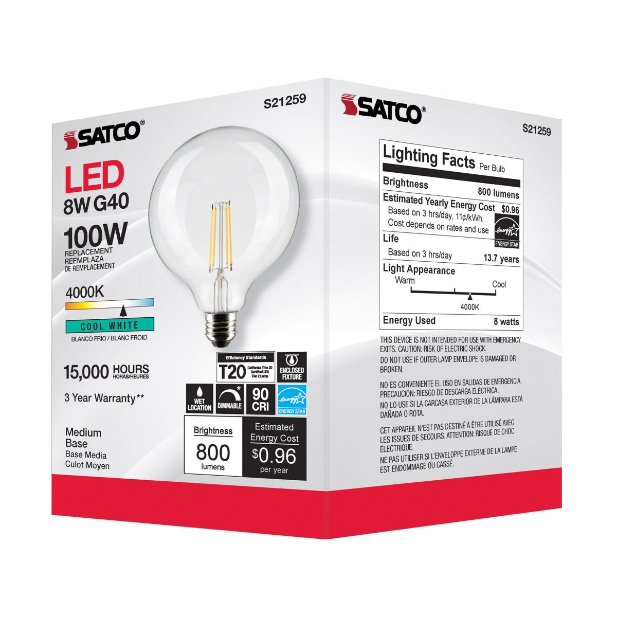 G40 Filament LED Globe Bulb, 8 Watts, 800 Lumens, 100W Equal, 4000K, E26 Medium Base, Clear