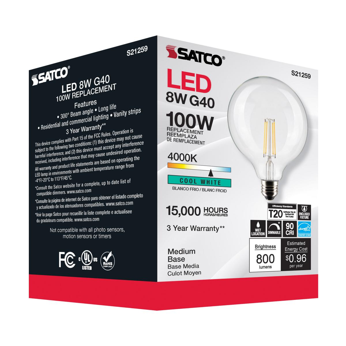 G40 Filament LED Globe Bulb, 8 Watts, 800 Lumens, 100W Equal, 4000K, E26 Medium Base, Clear