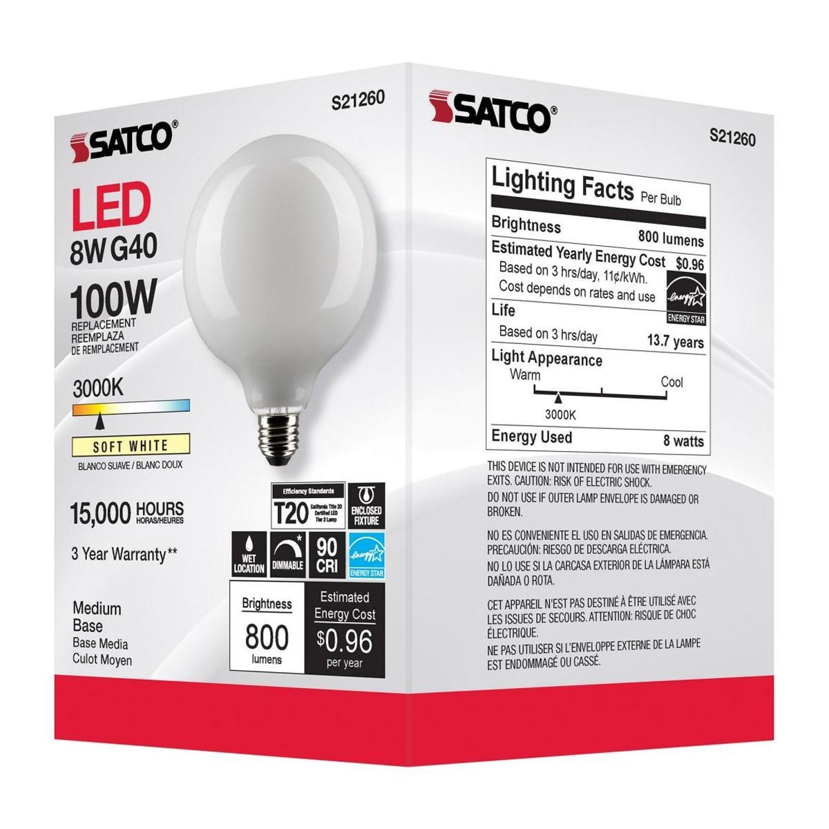 G40 LED Globe Bulb, 8 Watts, 800 Lumens, 100W Equal, 3000K, E26 Medium Base, Frosted