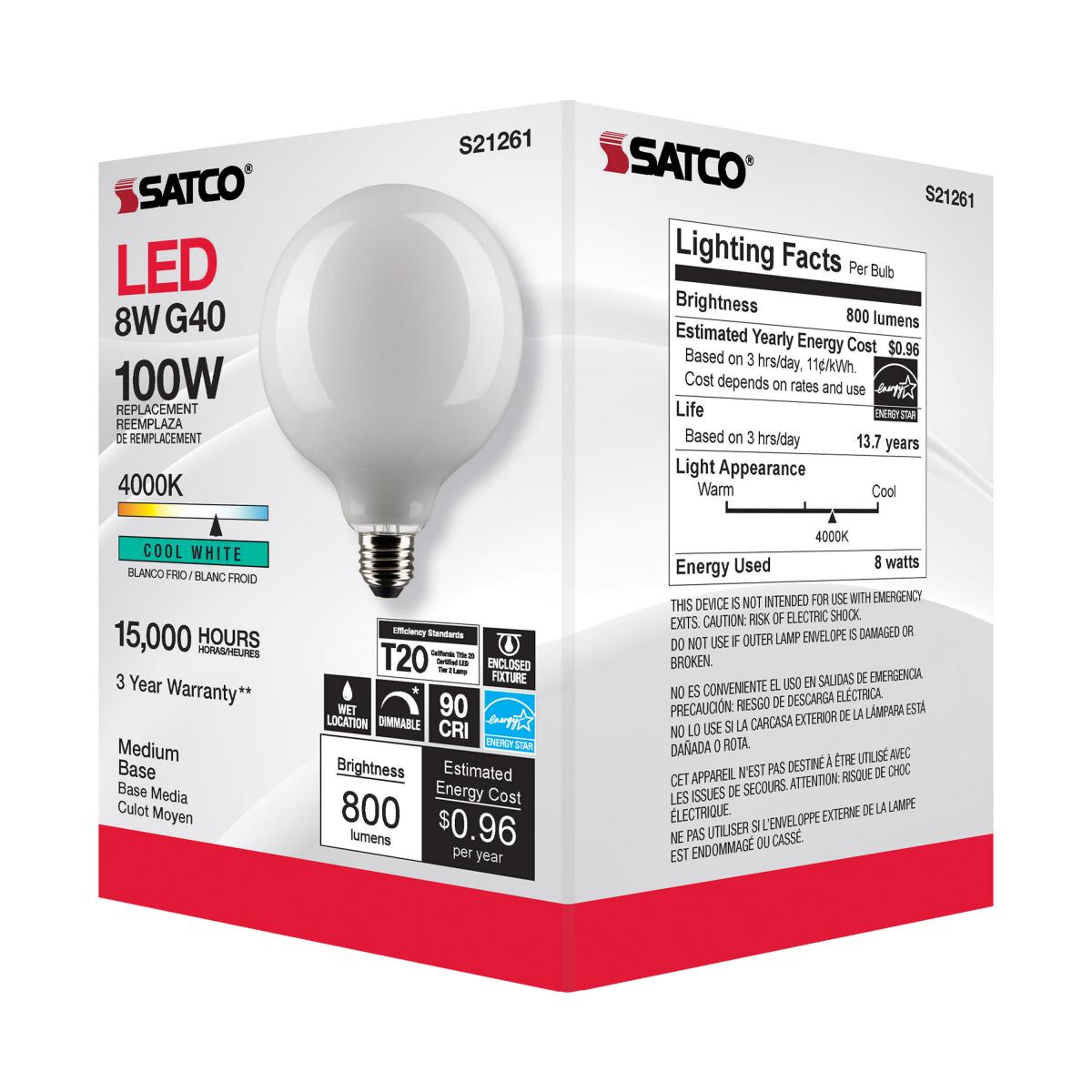 G40 LED Globe Bulb, 8 Watts, 800 Lumens, 100W Equal, 4000K, E26 Medium Base, Frosted