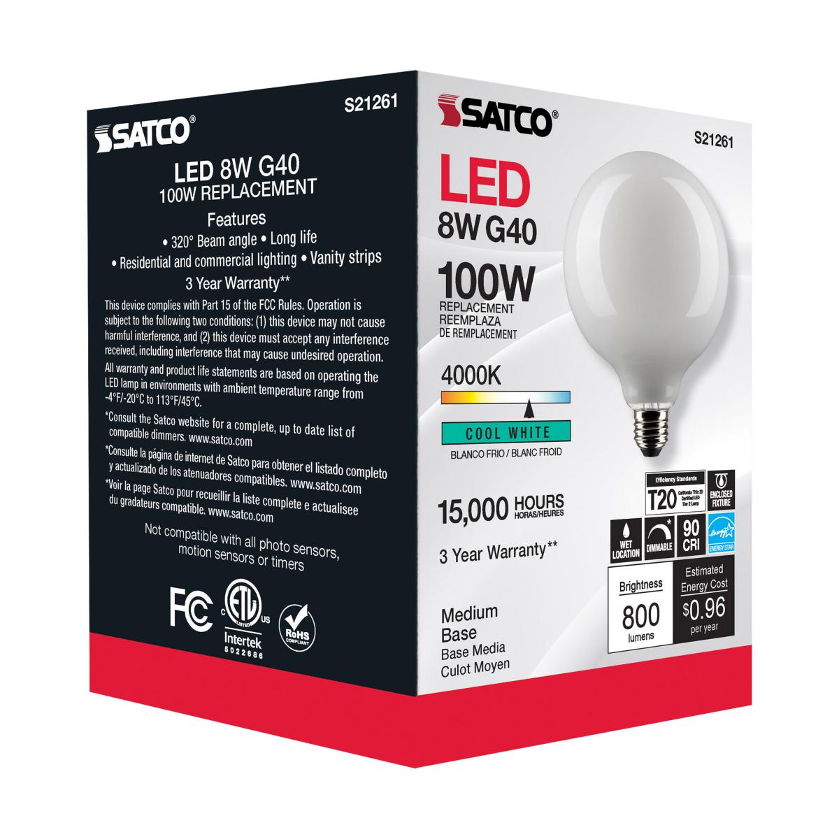 G40 LED Globe Bulb, 8 Watts, 800 Lumens, 100W Equal, 4000K, E26 Medium Base, Frosted