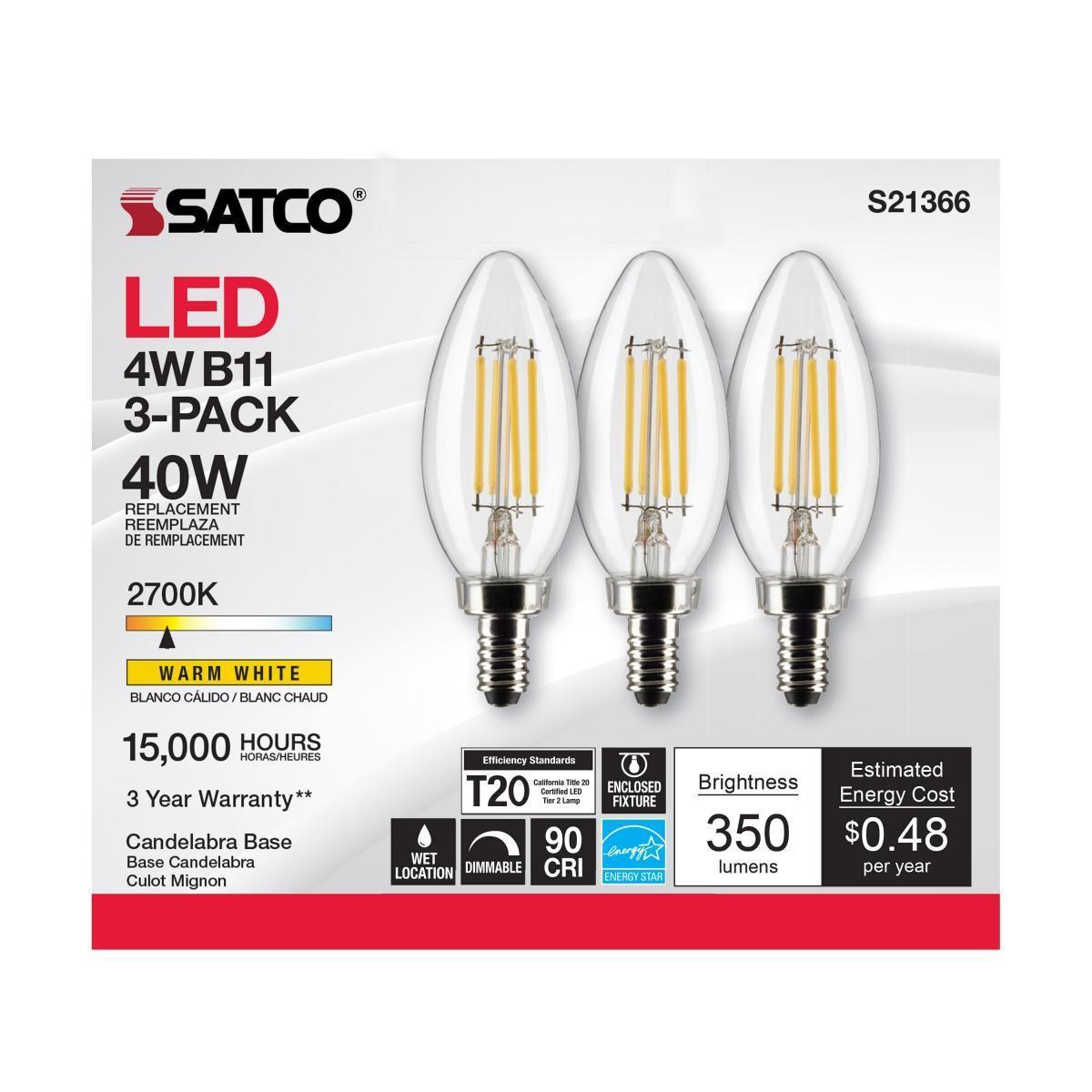 B11 Candle Filament LED Bulb, 40W Equal, 4W, 350lm, 2700K, E12 Candelabra, Clear, Pack of 3