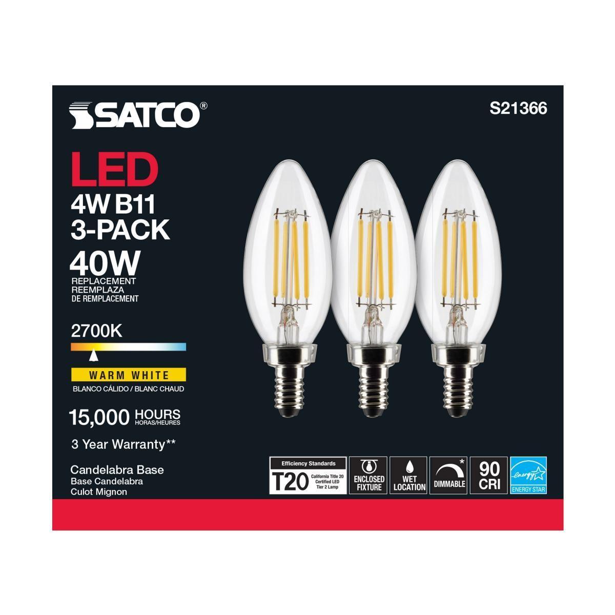 B11 Candle Filament LED Bulb, 40W Equivalent, 4 Watt, 350 Lumens, 2700K, E12 Candelabra Base, Clear Finish, Pack Of 3 - Bees Lighting