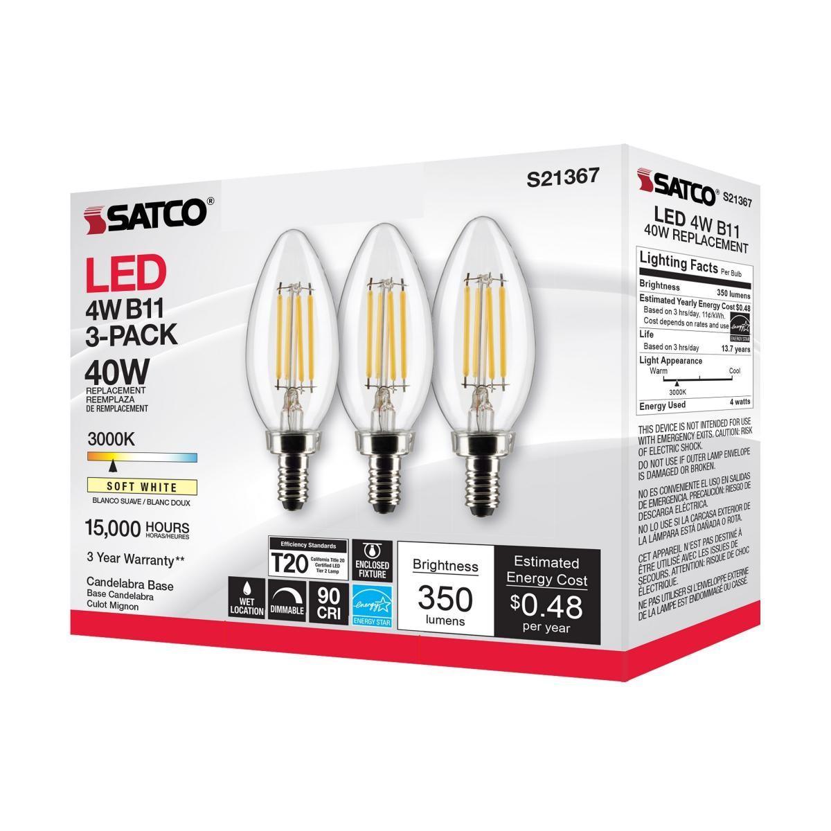 Satco 4w C11 Candle LED Filament E12 Candelabra base 350Lm 4000K Dimma –  BulbAmerica