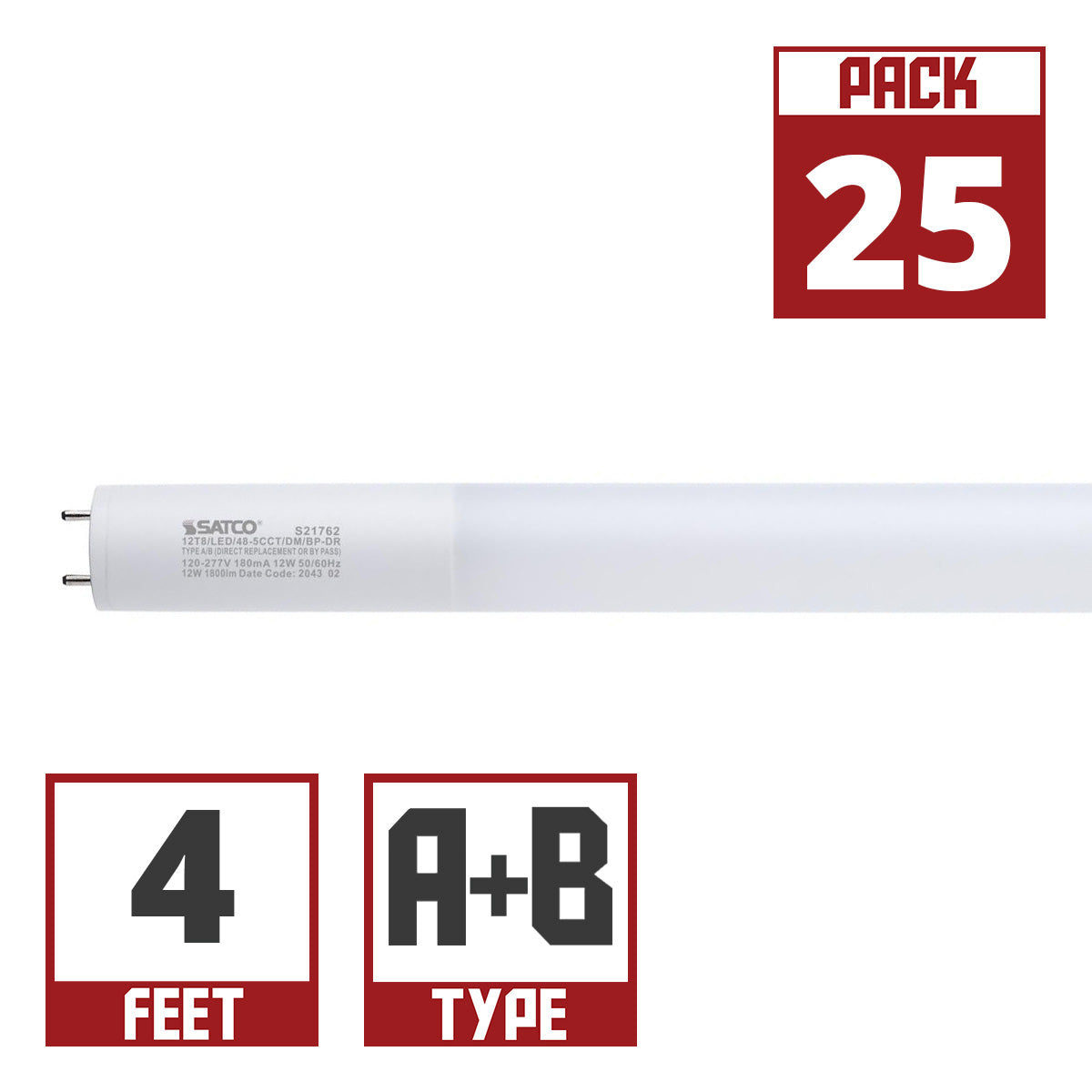 4ft LED T8 Tube, 12 Watts, 1800lm, 3000K to 6500K, Type A+B, Single|Dual End, Glass with PET Coating