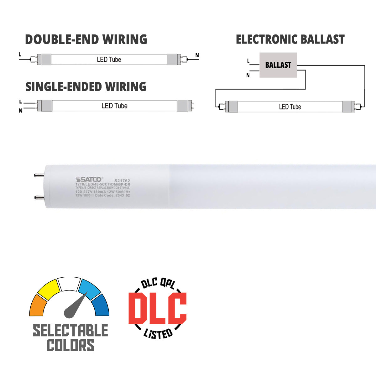 4ft LED T8 Tube, 12 Watts, 1800lm, 3000K to 6500K, Type A+B, Single|Dual End, Glass with PET Coating