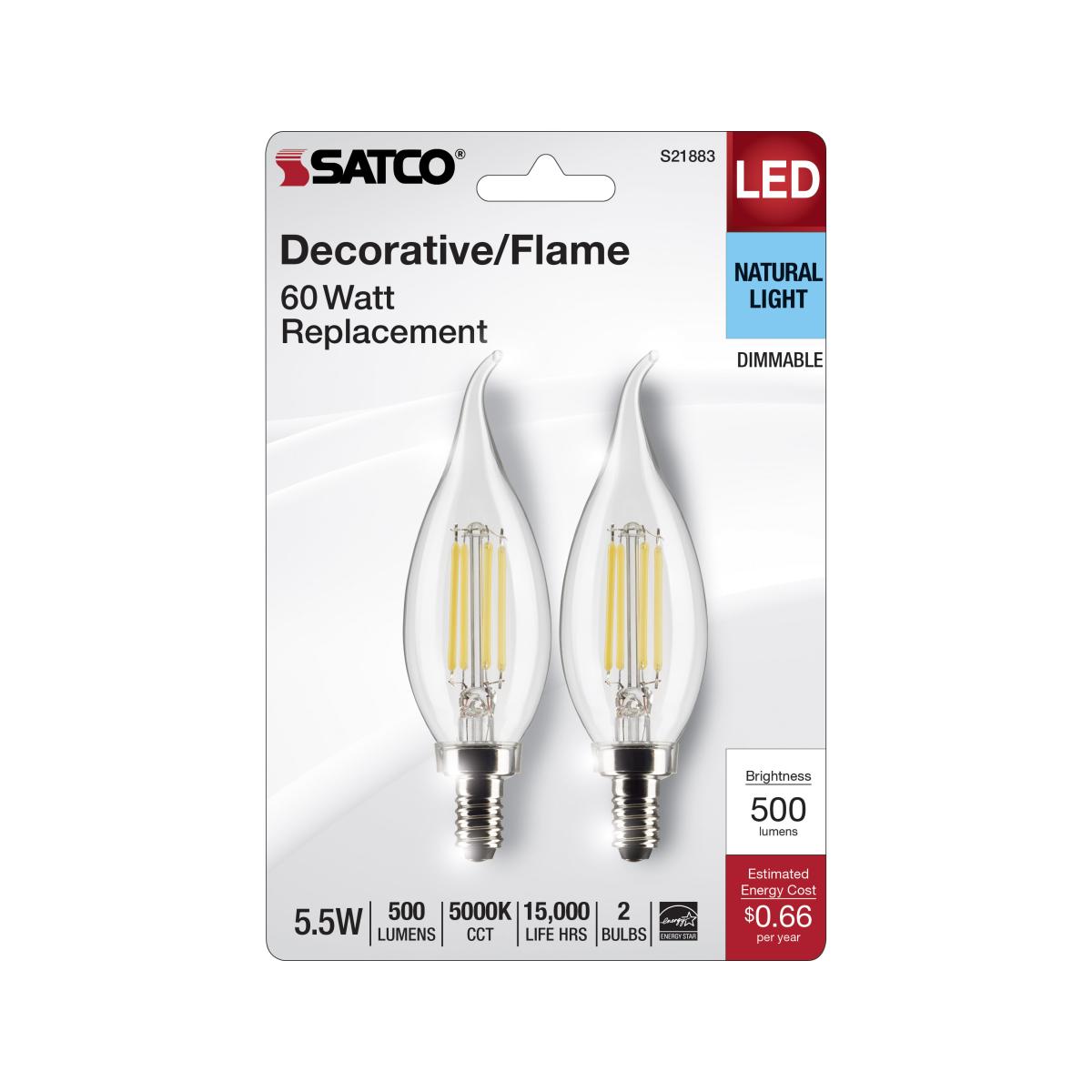 CA10 Filament LED Bulb, 6W, 500lm, 5000K, 60W Equal, E12 Candelabra Base, Clear, Pack of 2