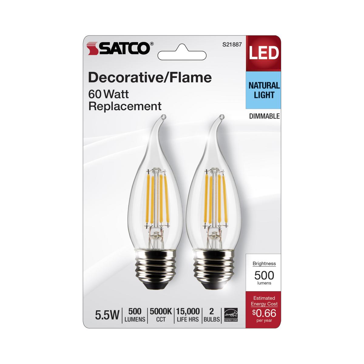 CA10 Filament LED Bulb, 6W, 500lm, 5000K, 60W Equal, E26 Medium Base, Clear, Pack of 2