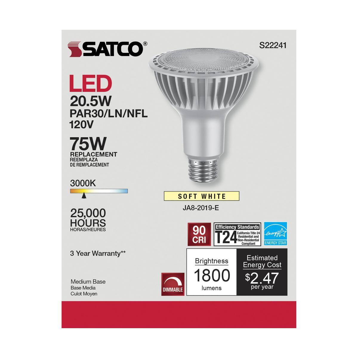 PAR30 Long Neck LED Bulb, 20W, 1800 Lumens, 100W Equal, 3000K, E26 Medium Base, 40° Flood