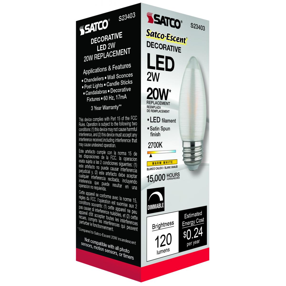 C11 LED Filament Bulb, 2 Watts, 120 Lumens, 2700K, E26 Medium Base, Satin Spun Finish