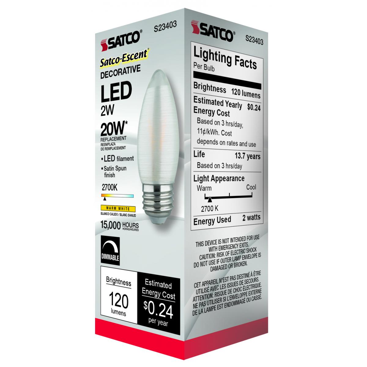 C11 LED Filament Bulb, 2 Watts, 120 Lumens, 2700K, E26 Medium Base, Satin Spun Finish