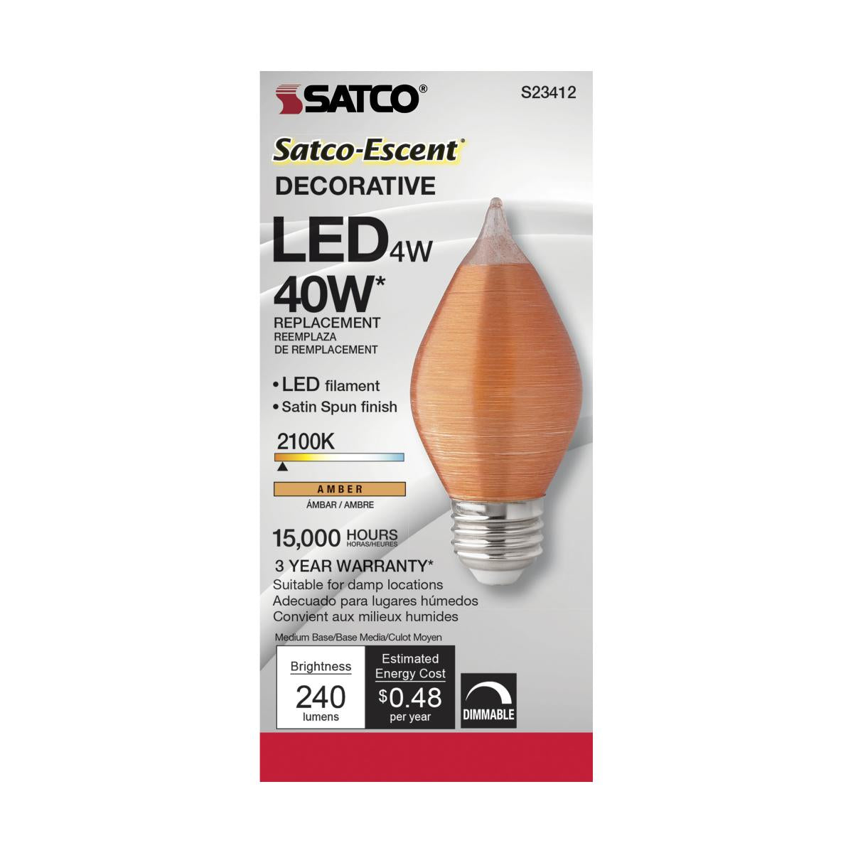 C15 Filament LED Bulb, 4W, 240 Lumens, 40W Equal, 2100K, E26 Base, Satin Spun Amber Finish