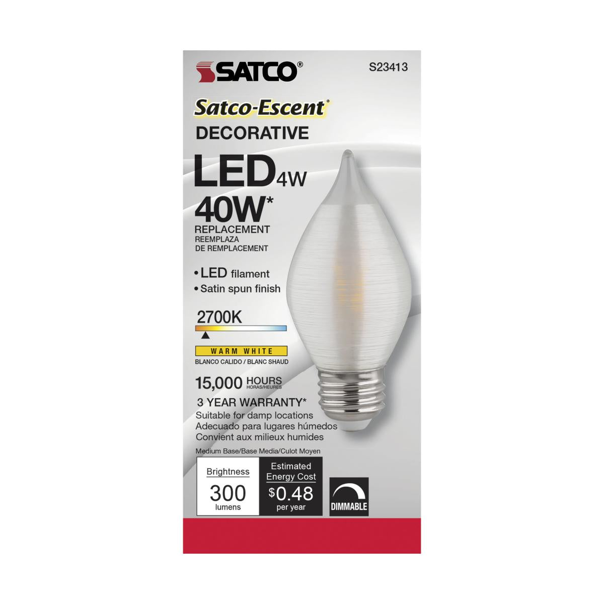 C15 Filament LED Bulb, 4W, 300 Lumens, 40W Equal, 2700K, E26 Base, Satin Spun Clear Finish