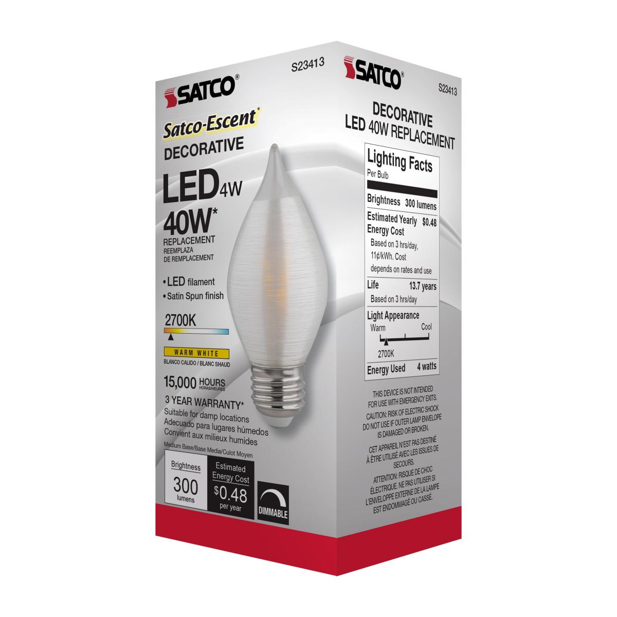 C15 Filament LED Bulb, 4W, 300 Lumens, 40W Equal, 2700K, E26 Base, Satin Spun Clear Finish