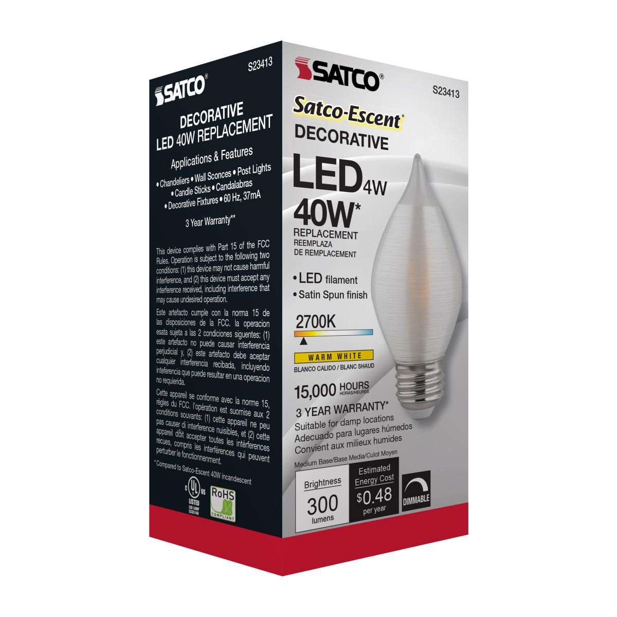 C15 Filament LED Bulb, 4W, 300 Lumens, 40W Equal, 2700K, E26 Base, Satin Spun Clear Finish