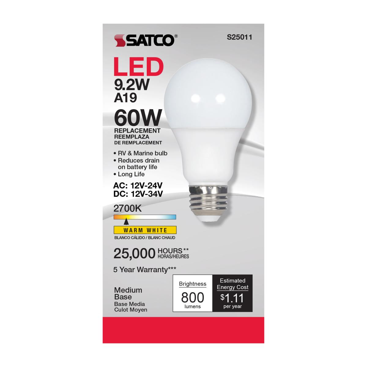 Enclosed Rated A19 LED Bulb, 9 Watts, 800 Lumens, 2700K, E26 Medium Base, Frosted Finish, 12V