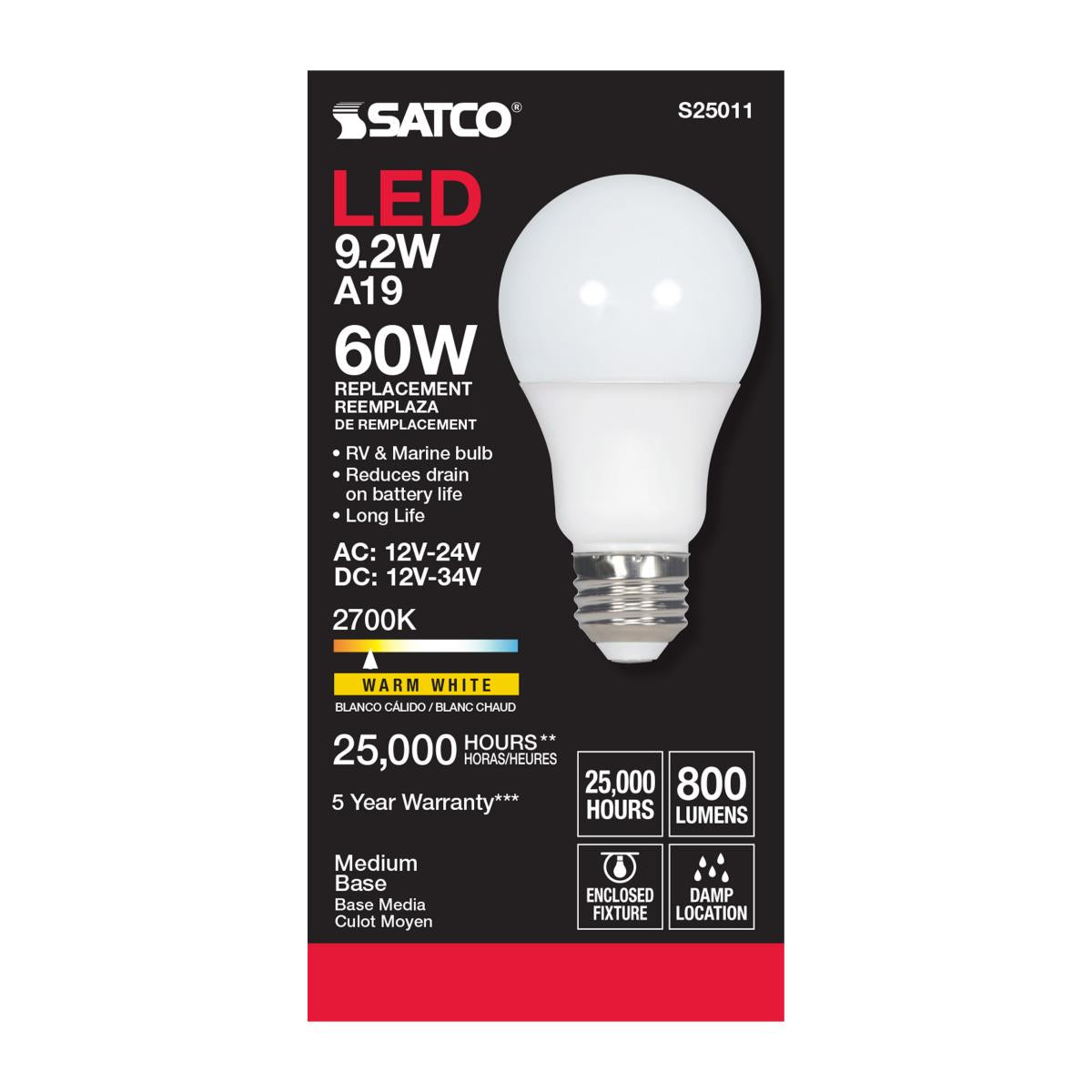 Enclosed Rated A19 LED Bulb, 9 Watts, 800 Lumens, 2700K, E26 Medium Base, Frosted Finish, 12V