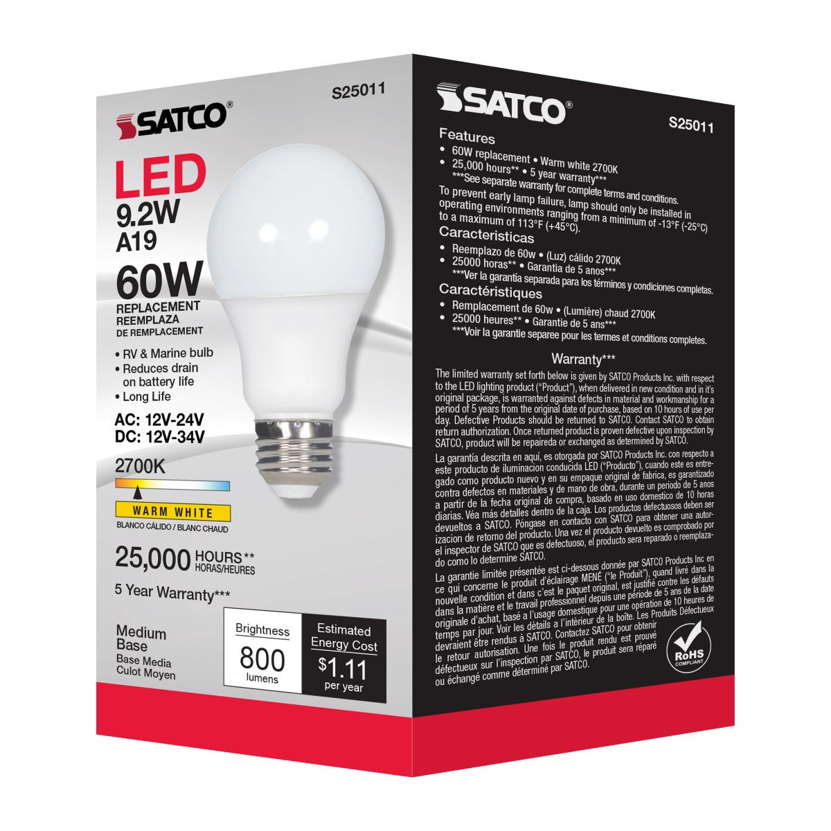 Enclosed Rated A19 LED Bulb, 9 Watts, 800 Lumens, 2700K, E26 Medium Base, Frosted Finish, 12V