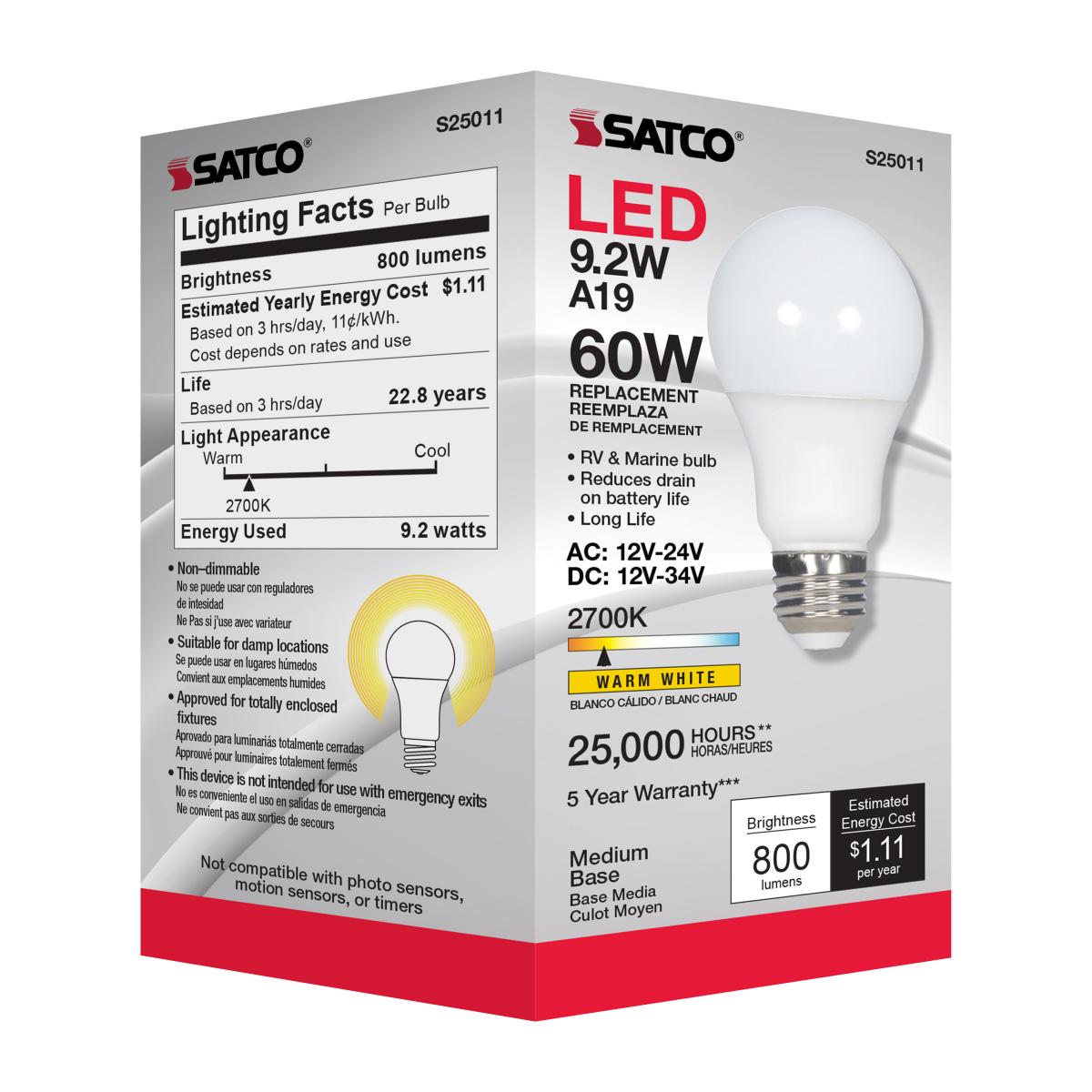 Enclosed Rated A19 LED Bulb, 9 Watts, 800 Lumens, 2700K, E26 Medium Base, Frosted Finish, 12V