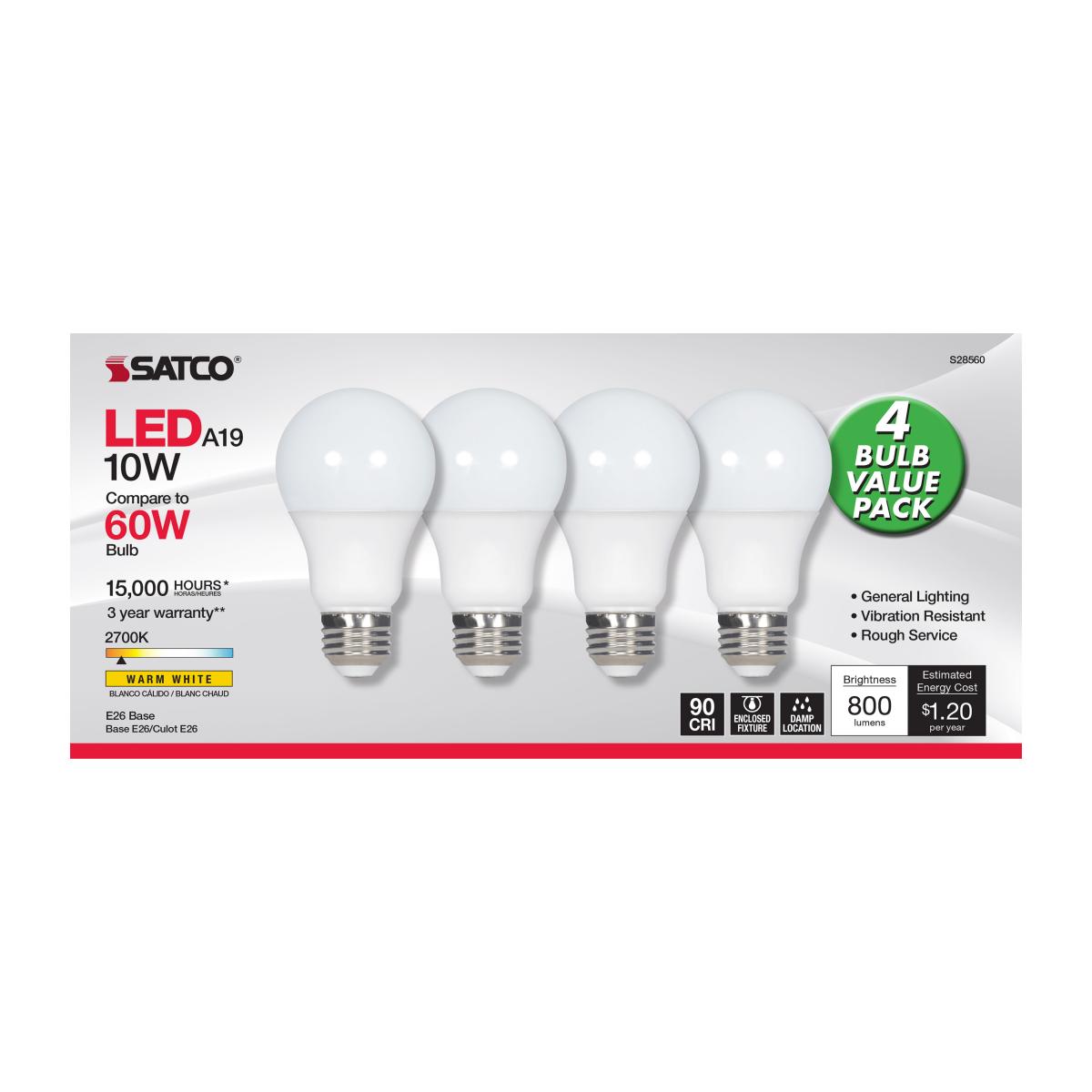 A19 LED Bulb, 60W Equivalent, 10 Watts, 800 Lumens, 2700K, E26 Medium Base, Frosted, Pack of 4