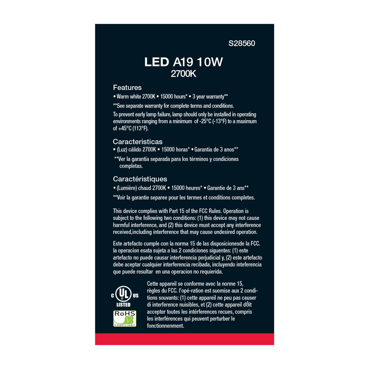 A19 LED Bulb, 60W Equivalent, 10 Watts, 800 Lumens, 2700K, E26 Medium Base, Frosted, Pack of 4