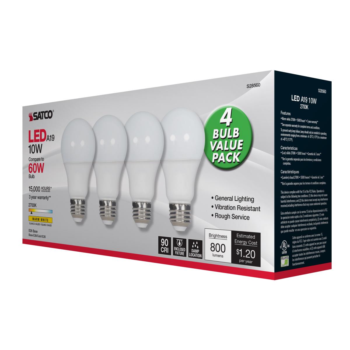 A19 LED Bulb, 60W Equivalent, 10 Watts, 800 Lumens, 2700K, E26 Medium Base, Frosted, Pack of 4