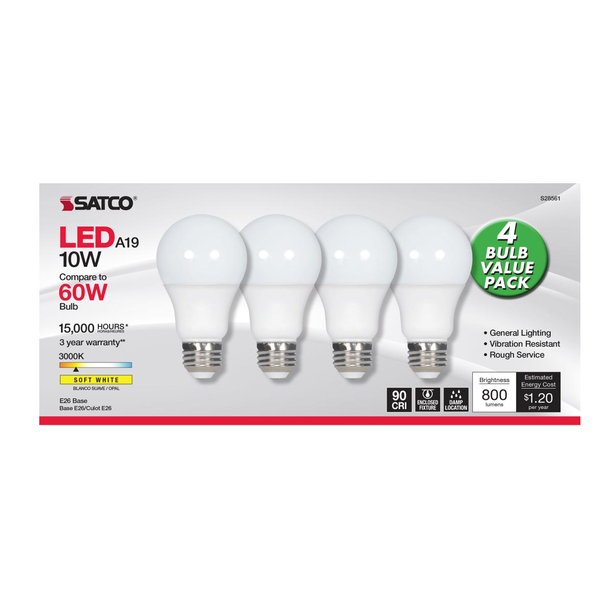 A19 LED Bulb, 60W Equivalent, 10 Watts, 800 Lumens, 3000K, E26 Medium Base, Frosted, Pack of 4