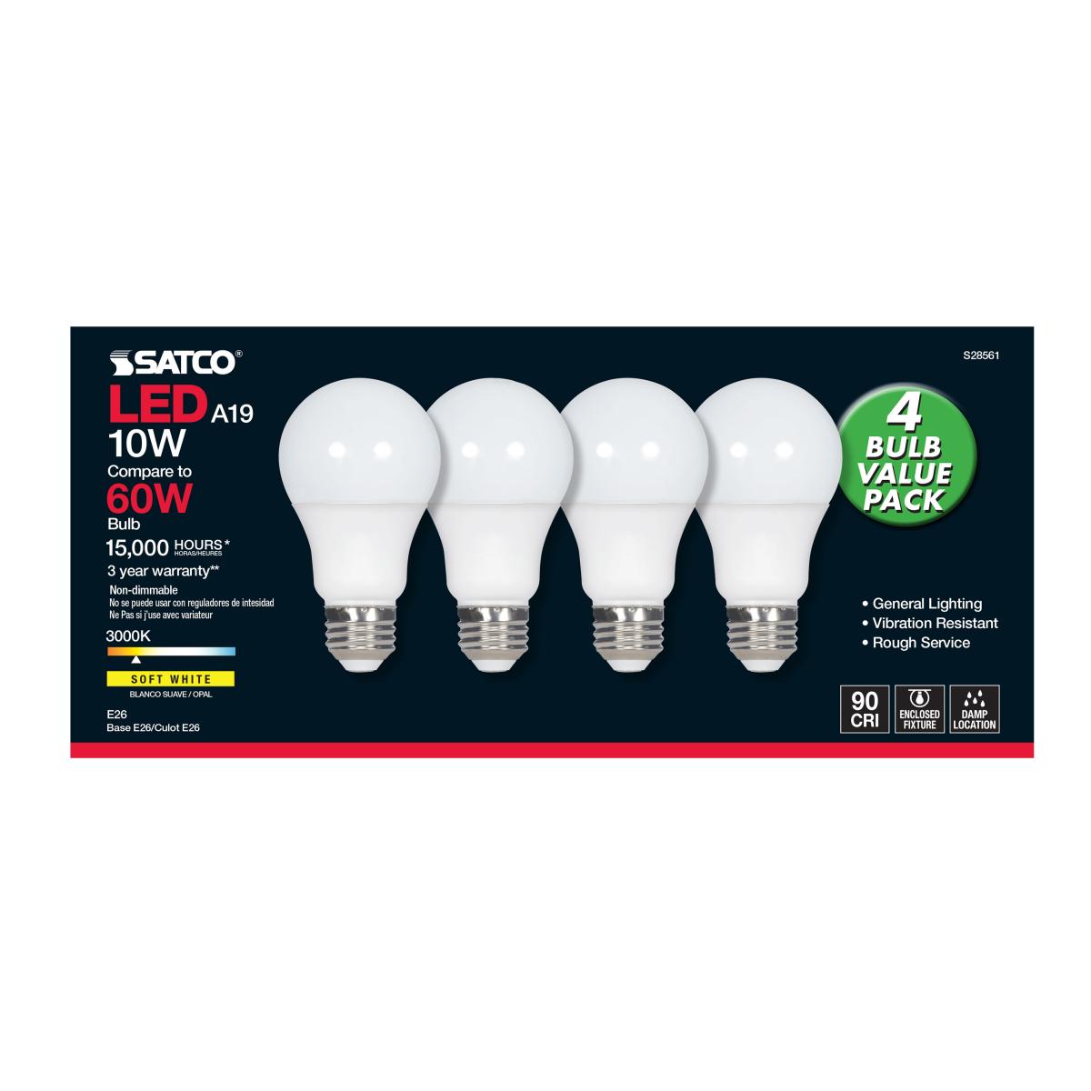 A19 LED Bulb, 60W Equivalent, 10 Watts, 800 Lumens, 3000K, E26 Medium Base, Frosted, Pack of 4