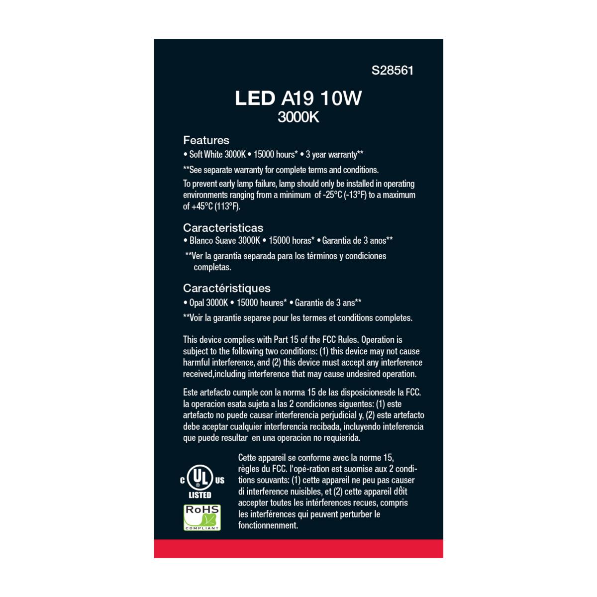 A19 LED Bulb, 60W Equivalent, 10 Watts, 800 Lumens, 3000K, E26 Medium Base, Frosted, Pack of 4