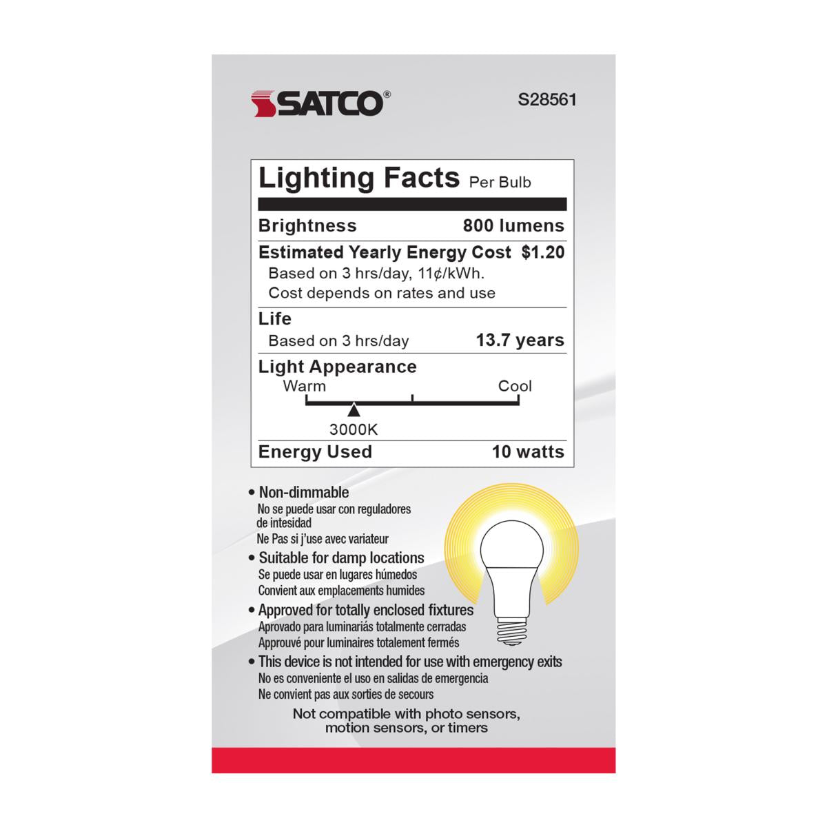 A19 LED Bulb, 60W Equivalent, 10 Watts, 800 Lumens, 3000K, E26 Medium Base, Frosted, Pack of 4