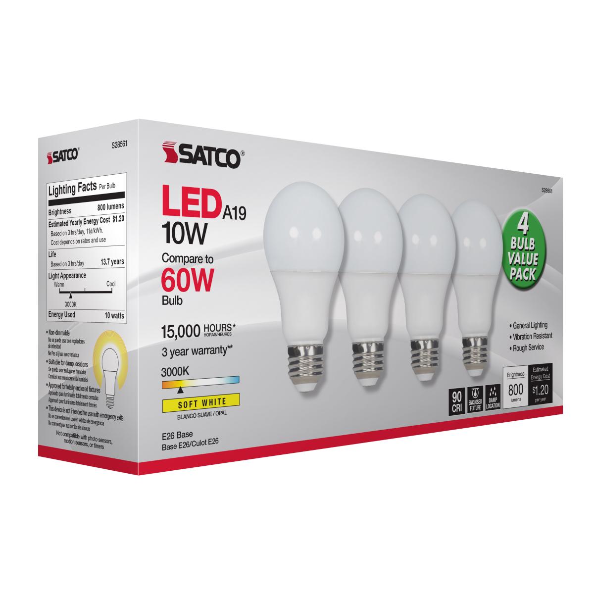 A19 LED Bulb, 60W Equivalent, 10 Watts, 800 Lumens, 3000K, E26 Medium Base, Frosted, Pack of 4