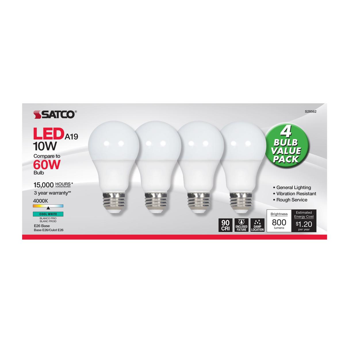 A19 LED Bulb, 60W Equivalent, 10 Watts, 800 Lumens, 4000K, E26 Medium Base, Frosted, Pack of 4