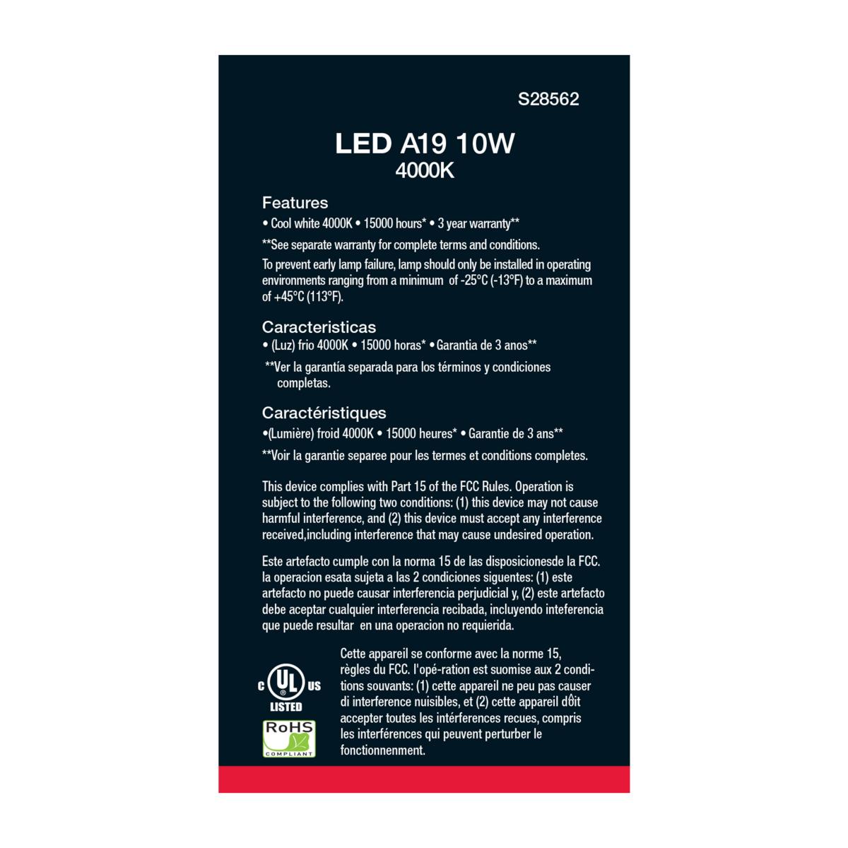 A19 LED Bulb, 60W Equivalent, 10 Watts, 800 Lumens, 4000K, E26 Medium Base, Frosted, Pack of 4