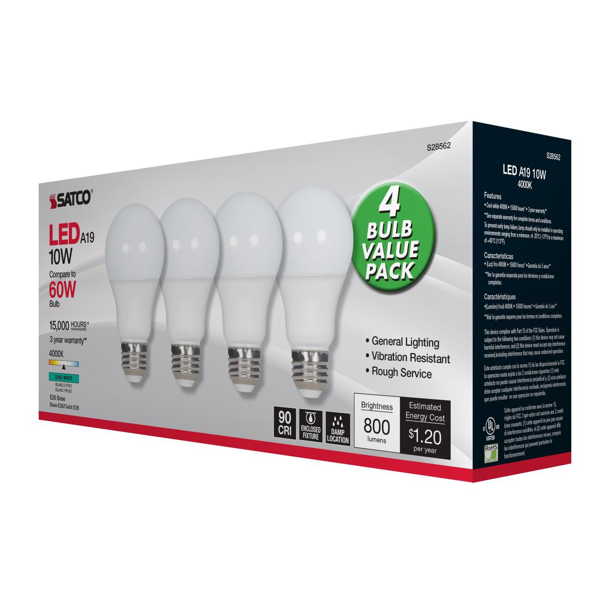 A19 LED Bulb, 60W Equivalent, 10 Watts, 800 Lumens, 4000K, E26 Medium Base, Frosted, Pack of 4