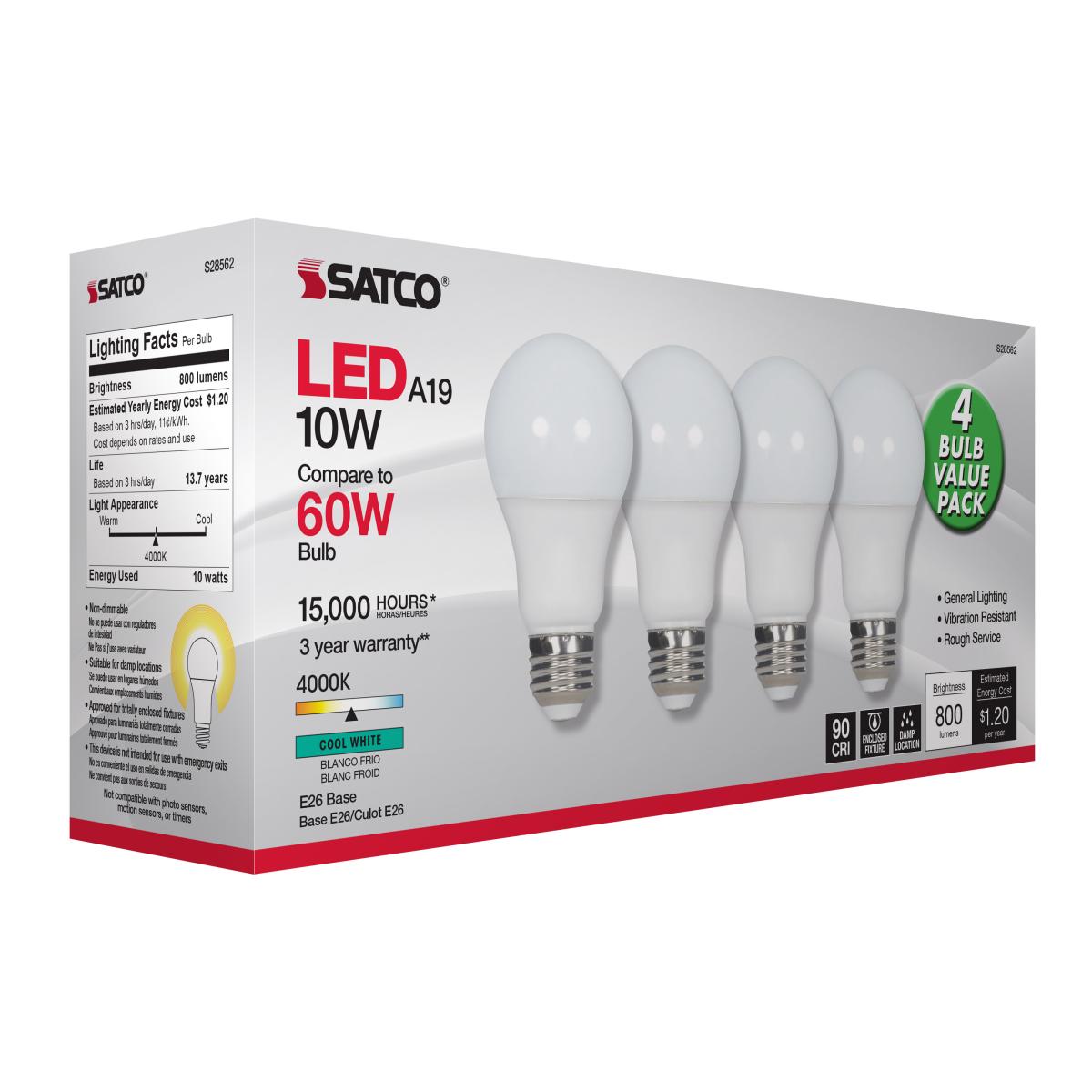 A19 LED Bulb, 60W Equivalent, 10 Watts, 800 Lumens, 4000K, E26 Medium Base, Frosted, Pack of 4