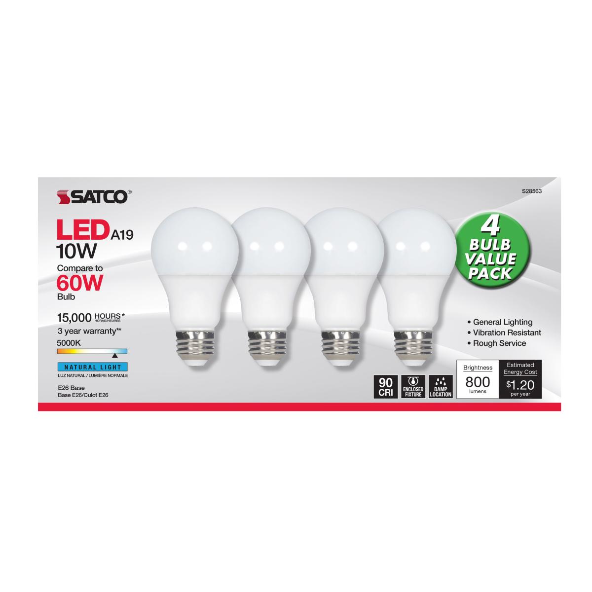 A19 LED Bulb, 60W Equivalent, 10 Watts, 800 Lumens, 5000K, E26 Medium Base, Frosted, Pack of 4