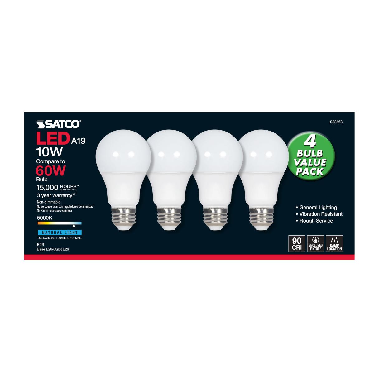 A19 LED Bulb, 60W Equivalent, 10 Watts, 800 Lumens, 5000K, E26 Medium Base, Frosted, Pack of 4