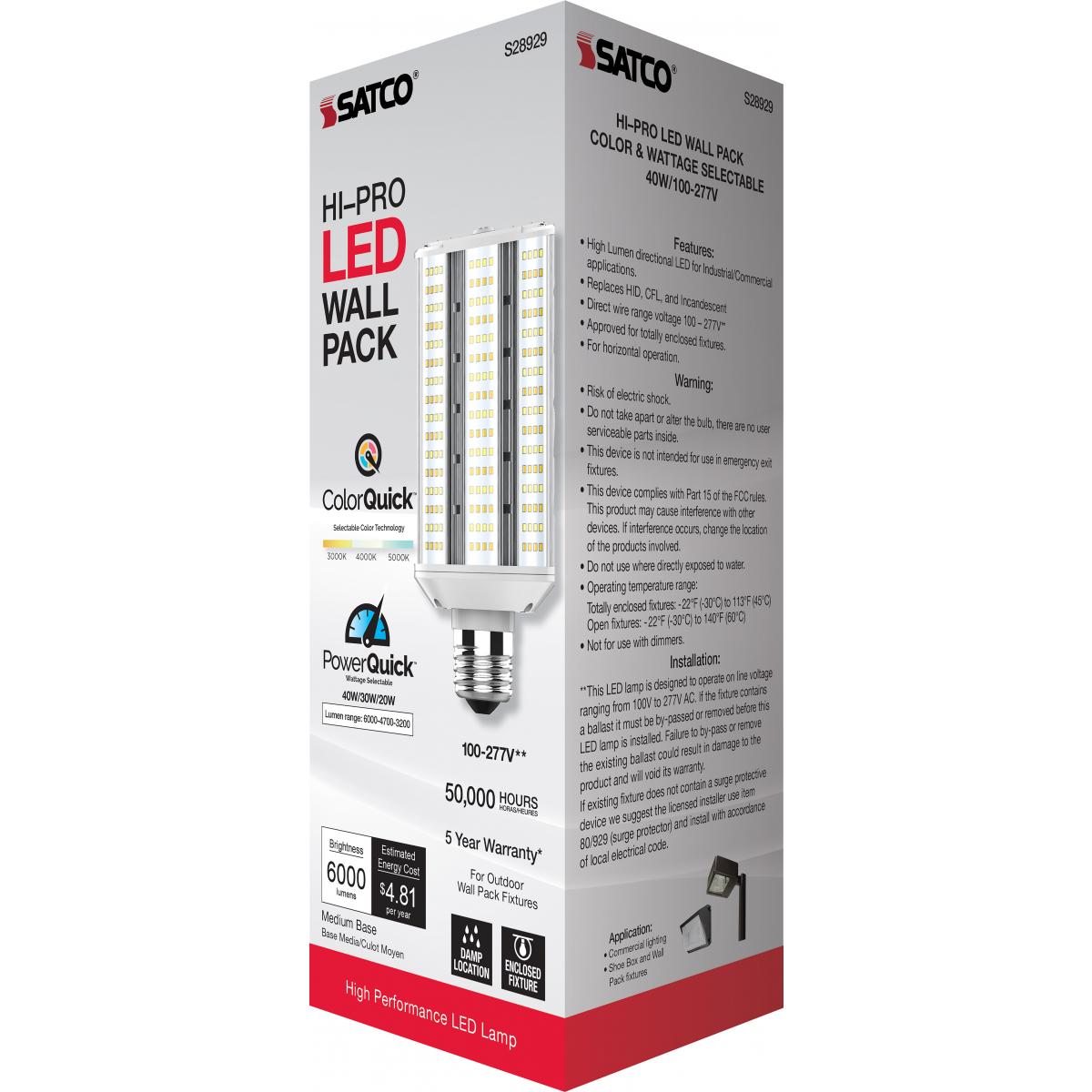 Hi-Pro LED Wall Pack Lamp, 20W|30W|40W, 6000 Lumens, Selectable CCT, E26 Base, 120-277V