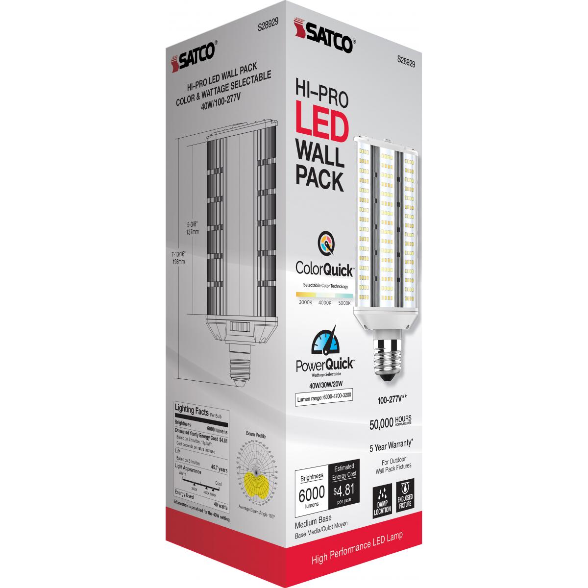 Hi-Pro LED Wall Pack Lamp, 20W|30W|40W, 6000 Lumens, Selectable CCT, E26 Base, 120-277V