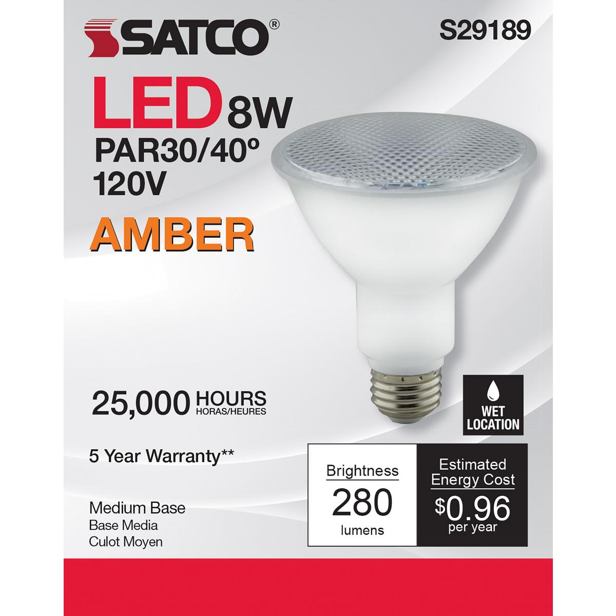 Turtle Friendly PAR30 LED Bulb, 8 Watts, 280 Lumens, 2000K, E26 Medium Base, 40° Flood, Amber Finish