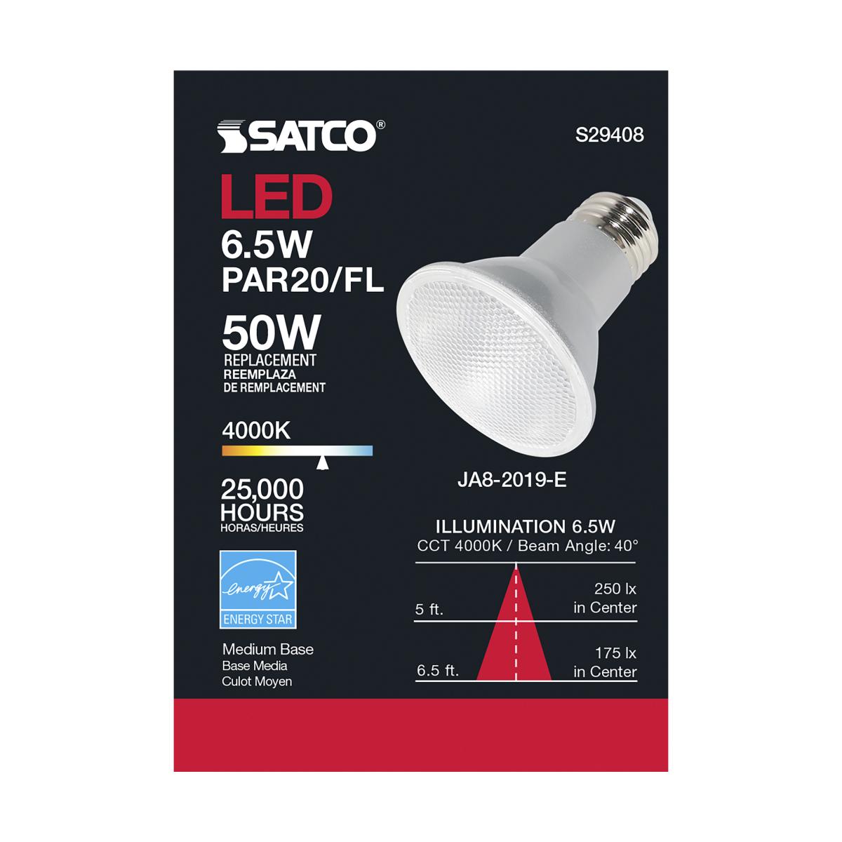 PAR20 LED Bulb, 6 Watts, 520 Lumens, 50W Equal, 4000K, E26 Medium Base, 40° Flood