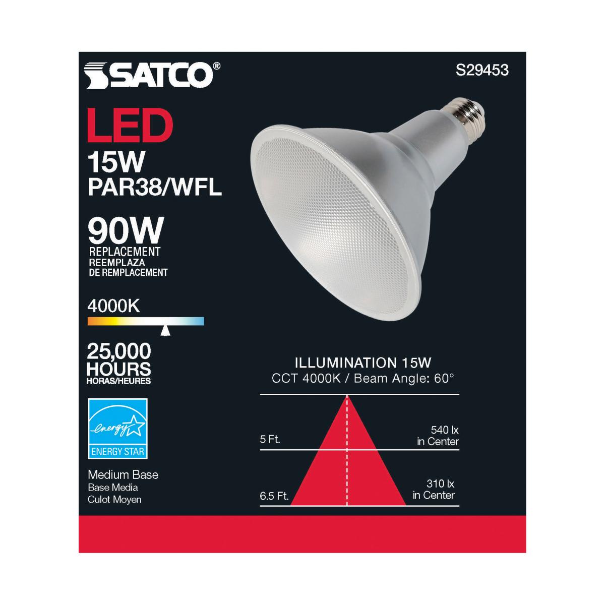 PAR38 LED Bulb, 15 Watts, 1200 Lumens, 90W Equal, 4000K, E26 Medium Base, 60° Wide Flood