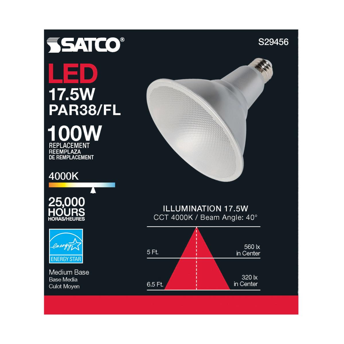 PAR38 LED Bulb, 17 Watts, 1400 Lumens, 100W Equal, 4000K, E26 Medium Base, 40° Flood