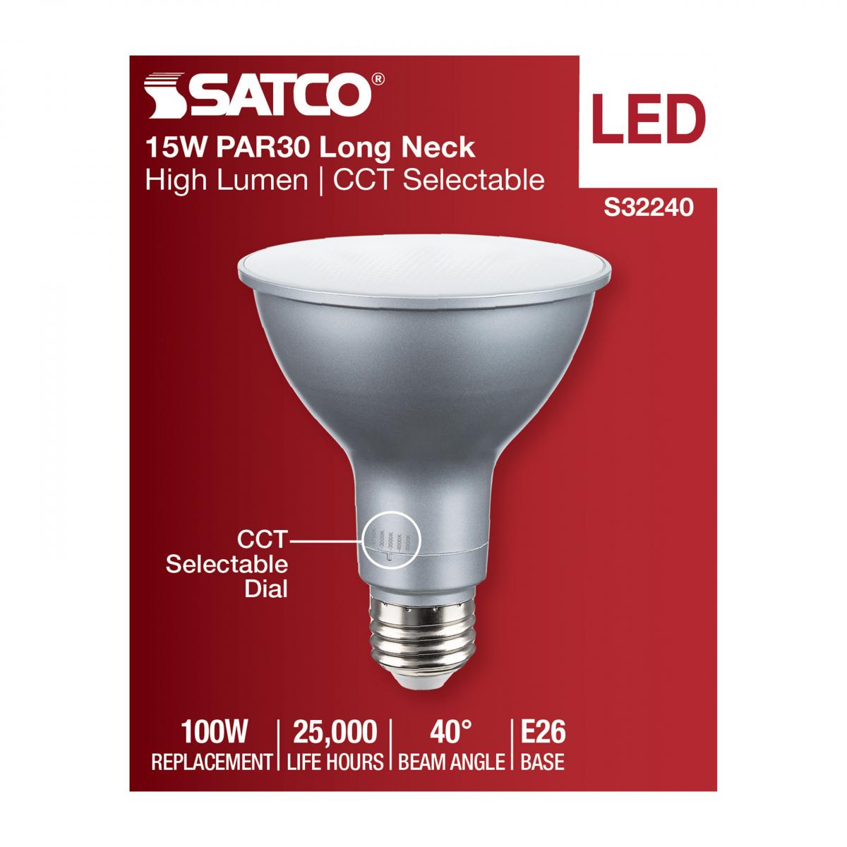 PAR30 Long Neck LED Bulb, 15W, 1800 Lumens, 27K|30K|40K|50K, E26 Base, 40° Flood, 120V