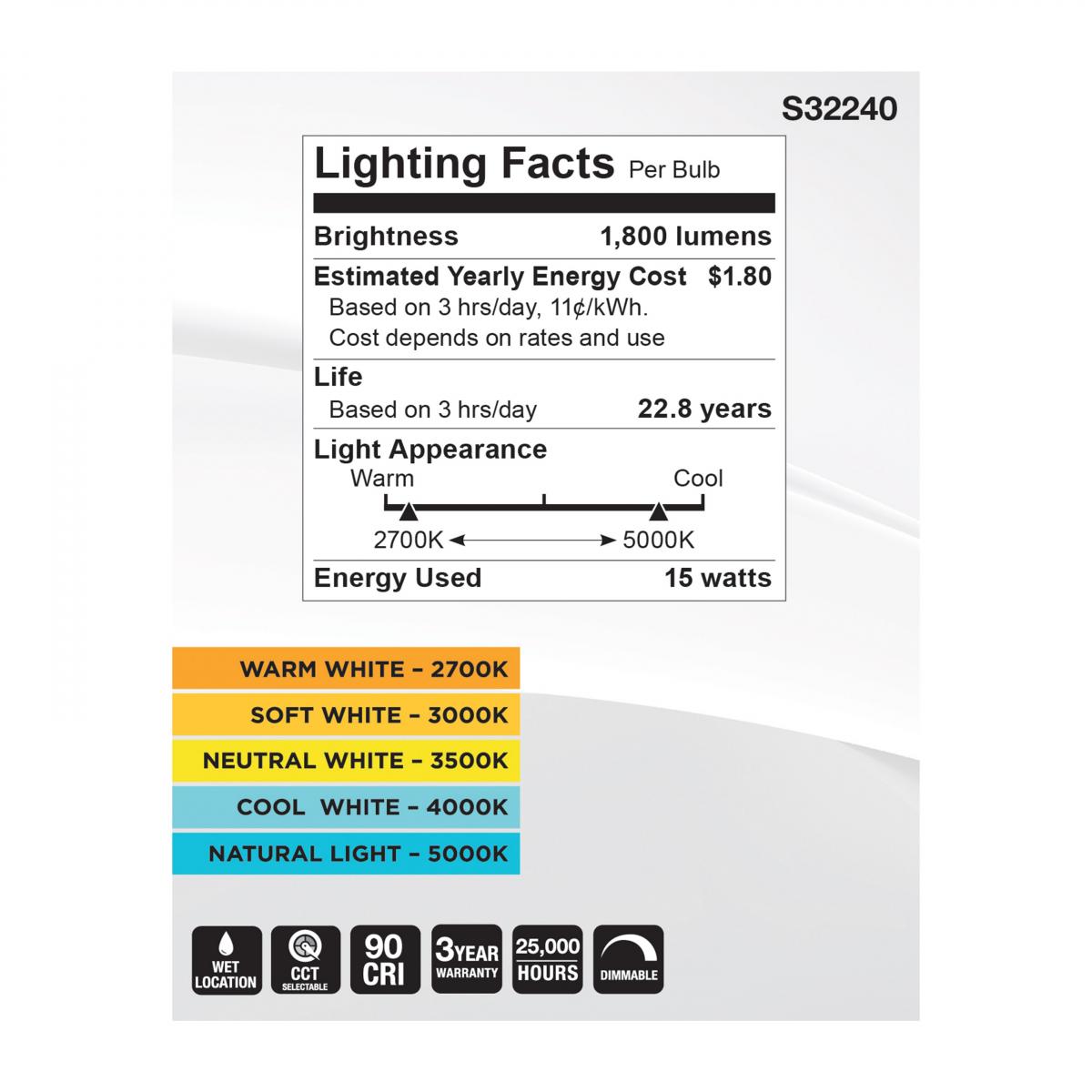 PAR30 Long Neck LED Bulb, 15W, 1800 Lumens, 27K|30K|40K|50K, E26 Base, 40° Flood, 120V