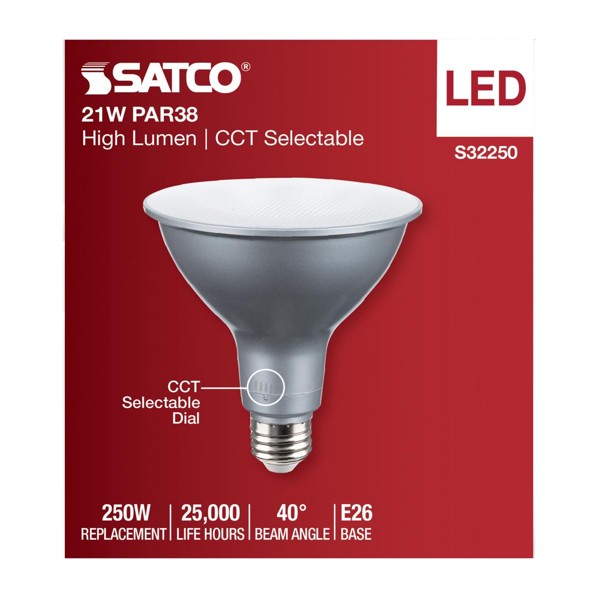 PAR38 LED Bulb, 21W, 3000 Lumens, Selectable 2700K to 5000K, E26 Base, 40º Flood, 120V