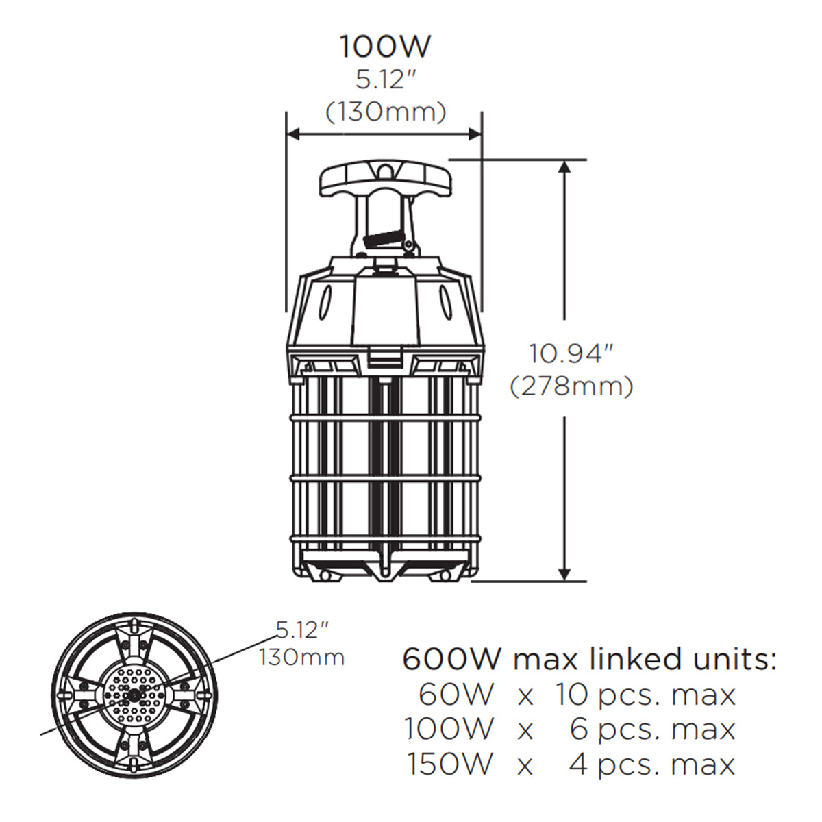 LED Temporary Work Light, 100W, 10000 Lumens, Includes 6ft Plug-in Cord, Plug & Hook, 120V