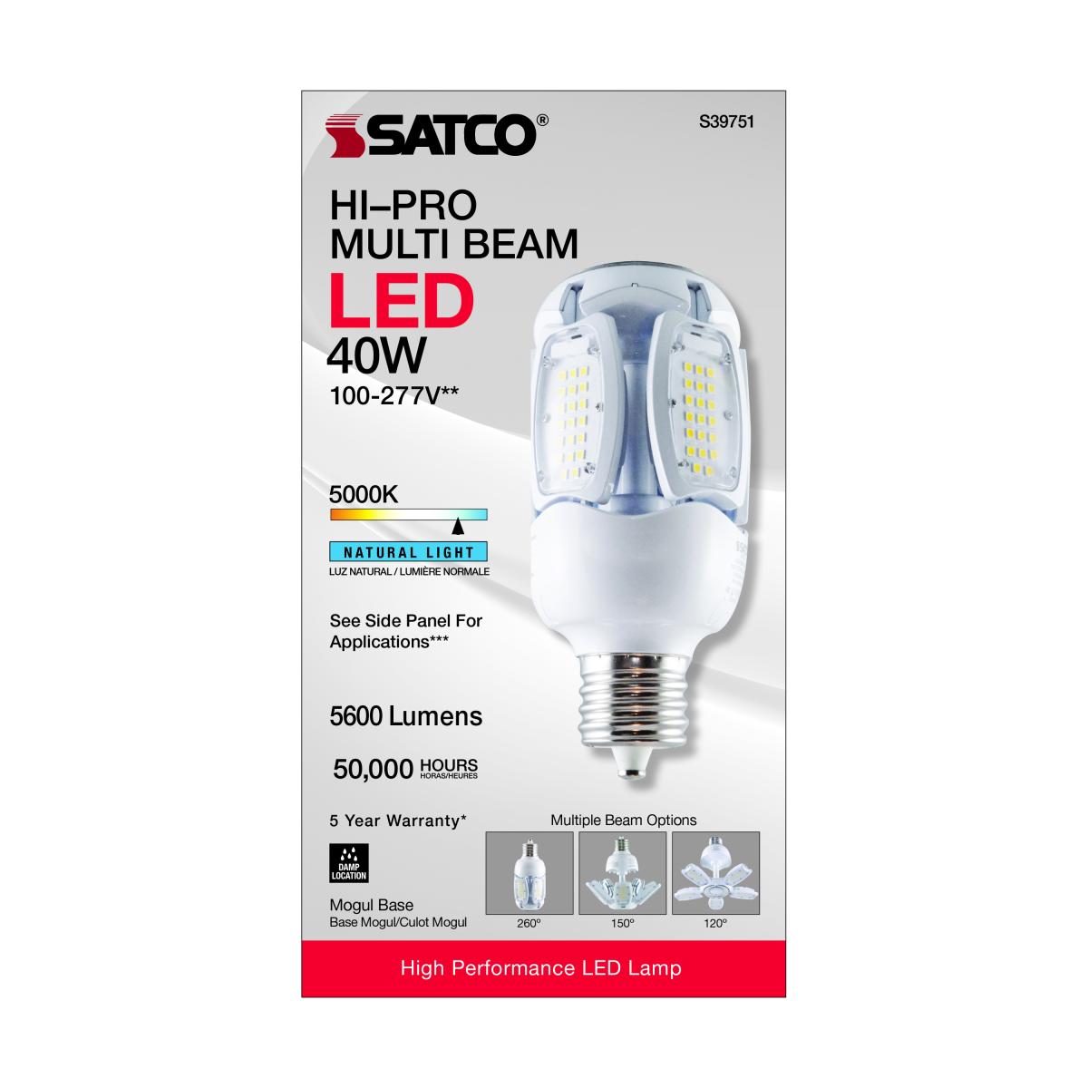 Hi-Pro Multi-Beam LED Lamp, 40 Watts, 5600 Lumens, 5000K, EX39 Mogul Base, 120-277V