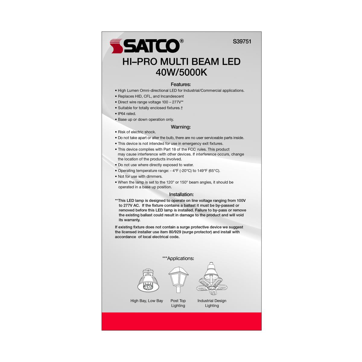 Hi-Pro Multi-Beam LED Lamp, 40 Watts, 5600 Lumens, 5000K, EX39 Mogul Base, 120-277V